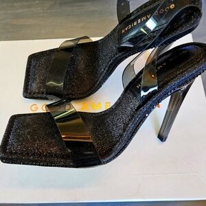 Good American Black Glitter Lucite Sling Back